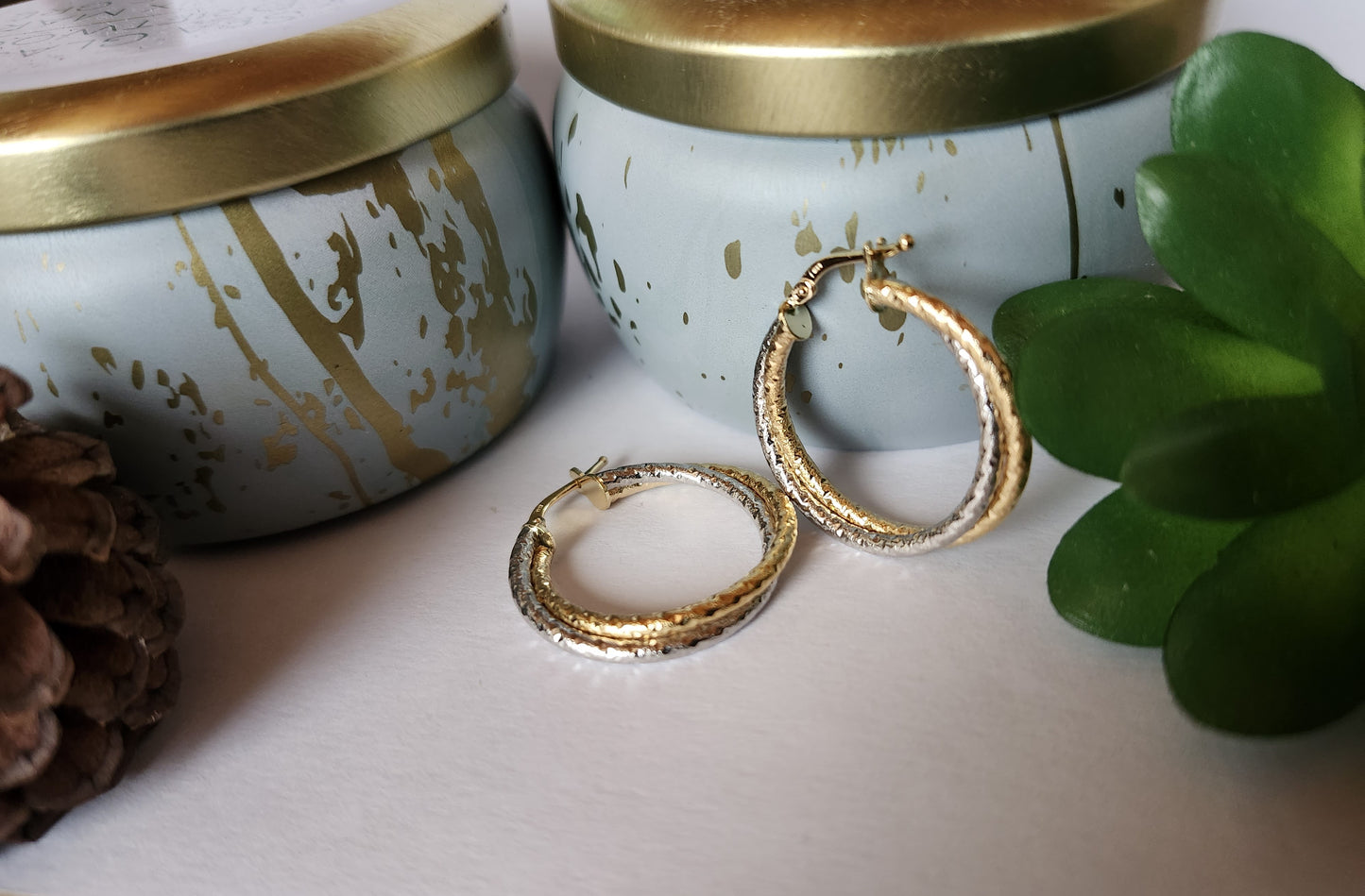 Two-Tone Frosted Double Hoop Earrings in 18k Solid Gold