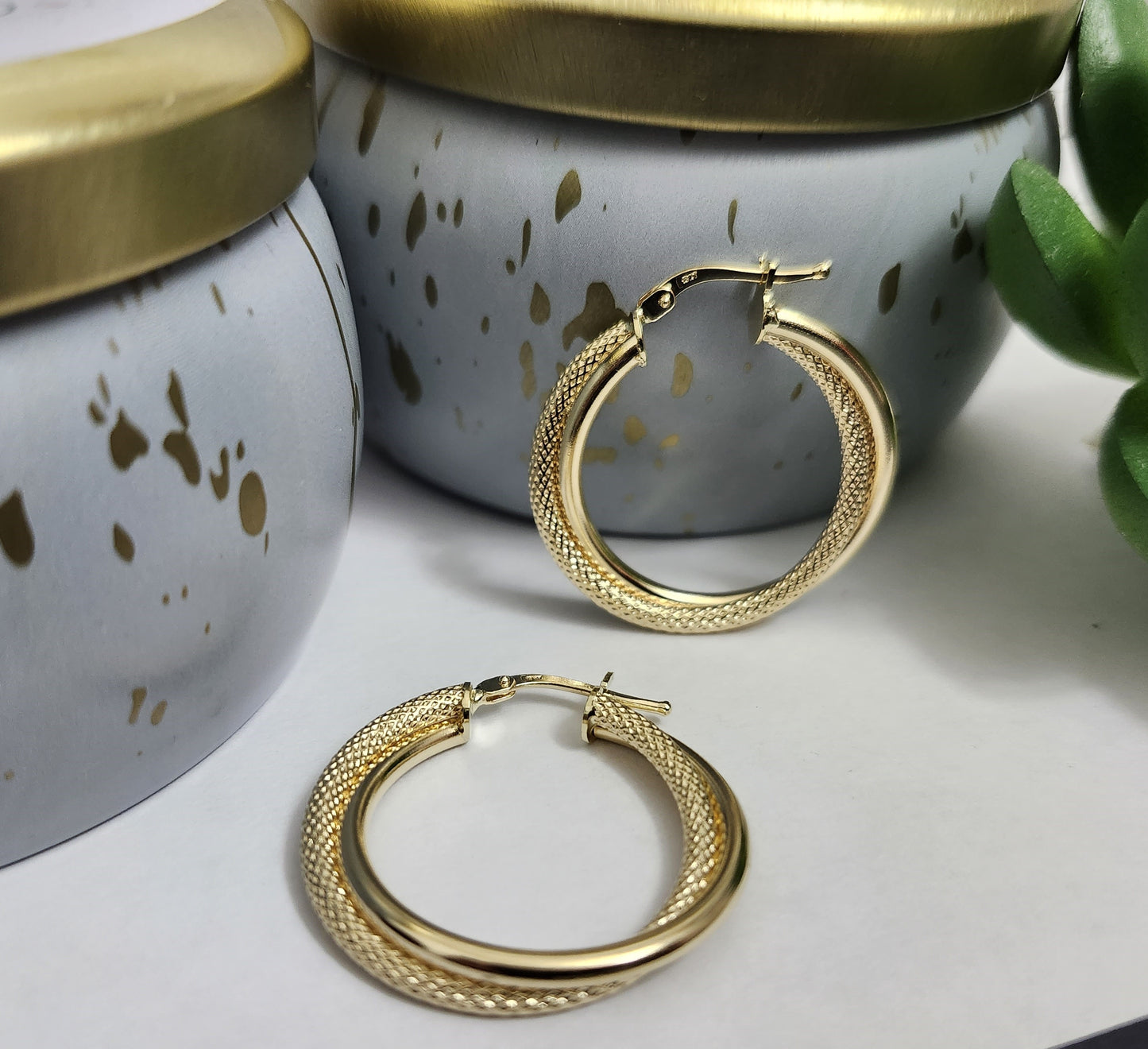 Two-Tone Frosted Double Hoop Earrings in 18k Solid Gold