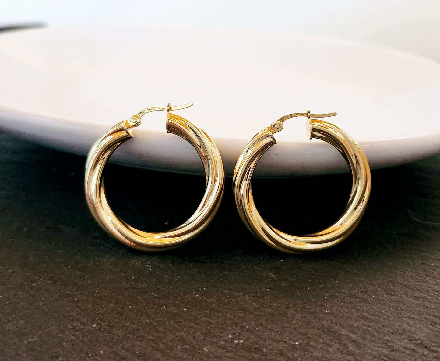 Chunky Linear Twist Hoop Earrings in 18k Solid Gold