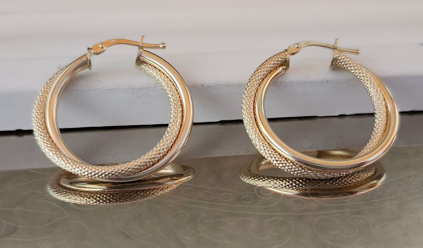 Two-Tone Frosted Double Hoop Earrings in 18k Solid Gold