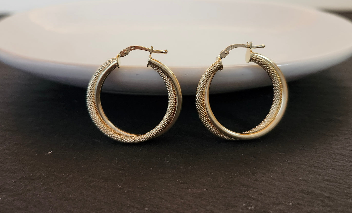 Two-Tone Frosted Double Hoop Earrings in 18k Solid Gold