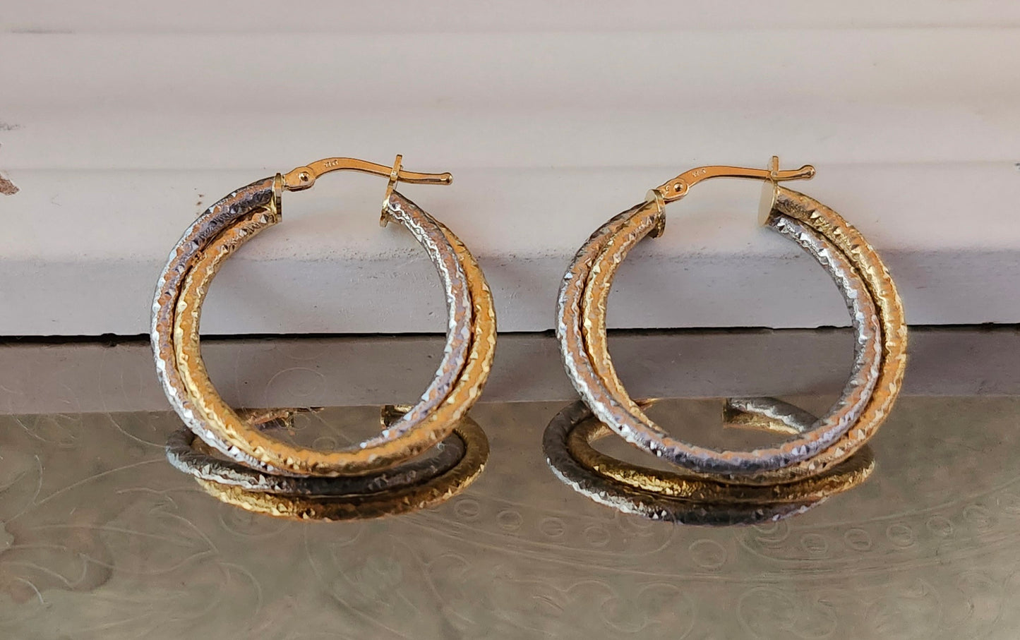 Two-Tone Frosted Double Hoop Earrings in 18k Solid Gold