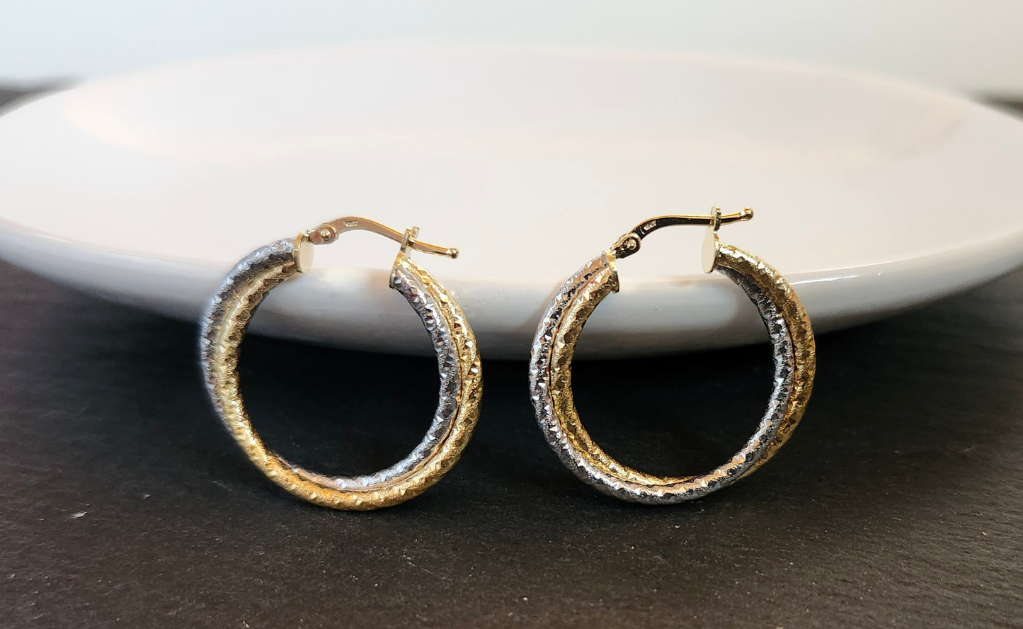 Two-Tone Frosted Double Hoop Earrings in 18k Solid Gold