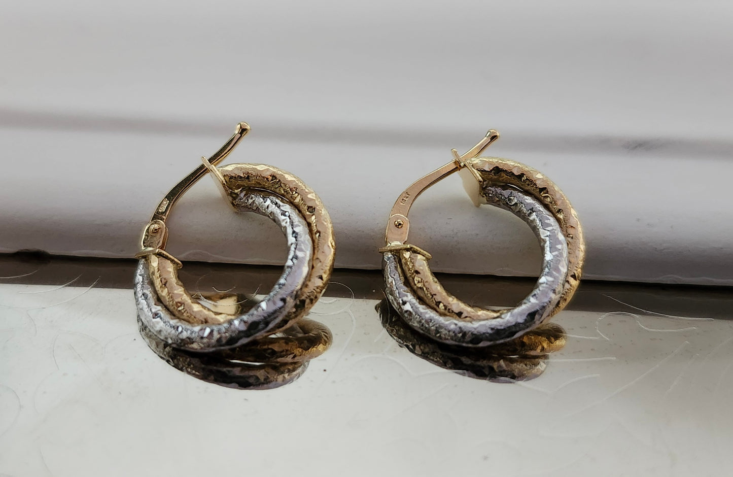 Two-Tone Frosted Double Hoop Earrings in 18k Solid Gold